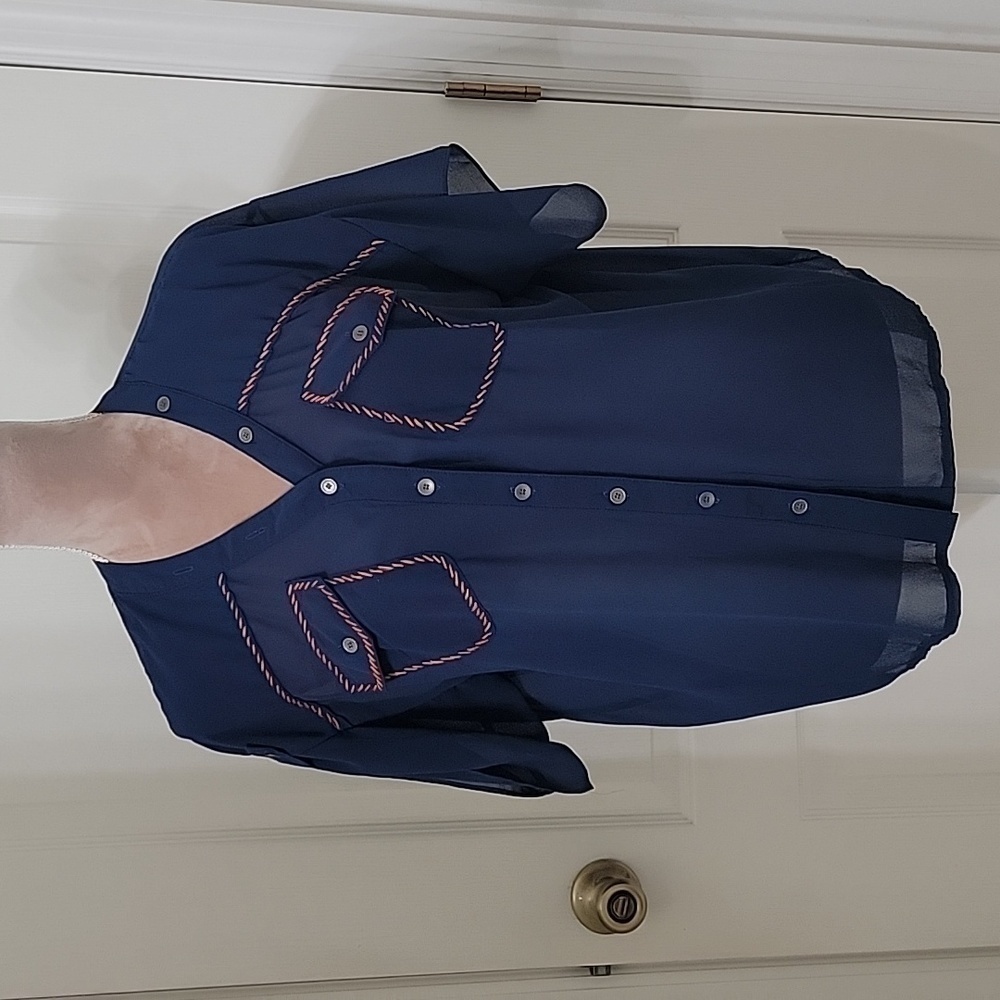 Maude, Size Unknown, Vintage Retro Nautical MOD Button Down Sheer Blouse